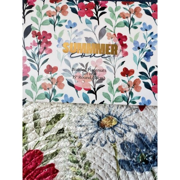 4 pc SUMMER LOVE Braided Placemat Set 15” Rnd Blue Red Poppy Flower Easy Care - Picture 7 of 7